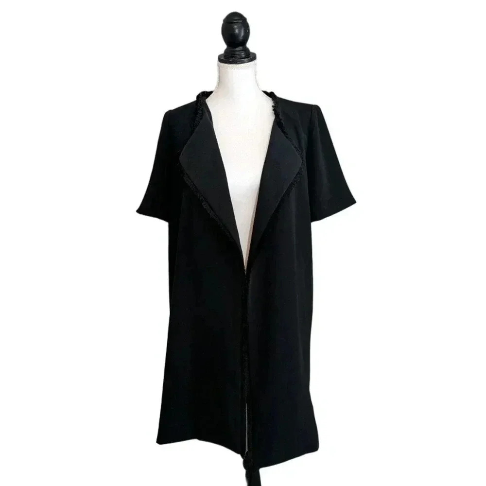 Marie Oliver Black Short Sleeve Fringe Open Front Jacket Blazer Small Pockets